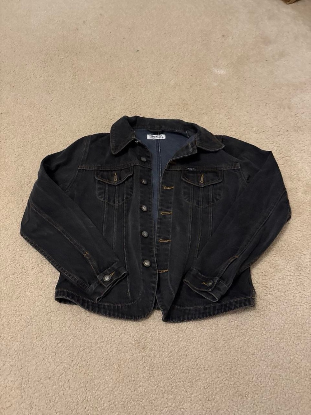 Hang Ten Vintage Black Denim Jacket with Blue Logo Accent